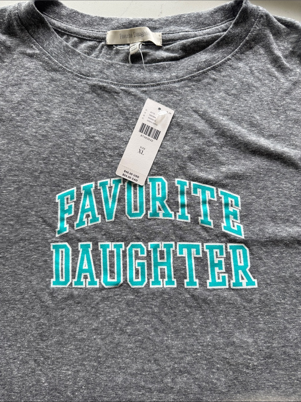 Favorite Daughter Heather Gray Tee with Teal Lettering
